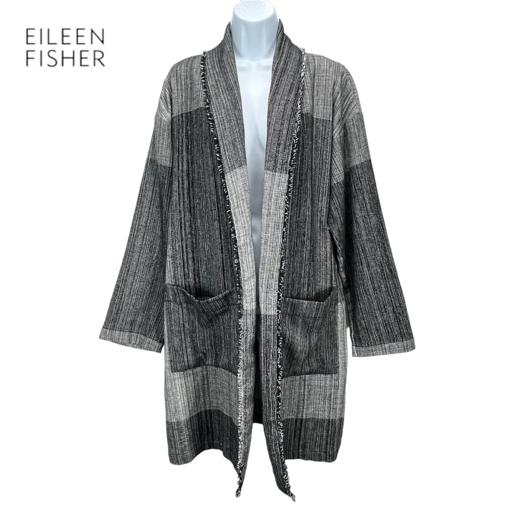 Eileen Fisher Women L/XL Gray & Black Organic Cotton Duster Jacket‎ Shawl Collar